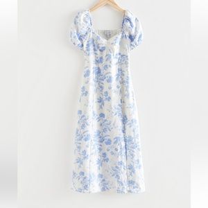 & Other Stories Puff Sleeve Linen Dress - White\Blue - Size 6